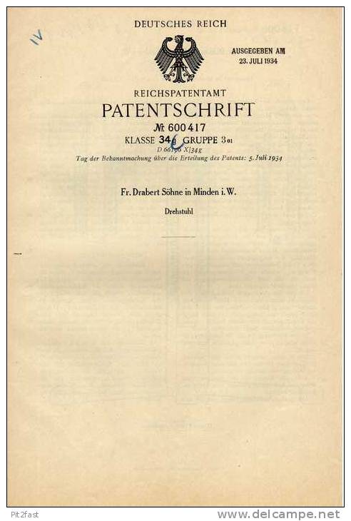 Original Patentschrift - Fr, Drabert Söhne In Minden I.W. , 1934 , Drehstuhl , Stuhl , Büro , Möbel !!! - Sonstige & Ohne Zuordnung