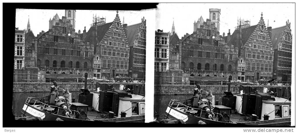 Belle Plaque Stereo Début De Siècle Gand Canal Bateau - Plaques De Verre