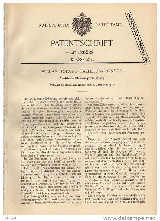 Original Patentschrift - W.H. Harfield In London , 1899 ,  Elektrische Steuerungsvorrichtung !!! - Maschinen