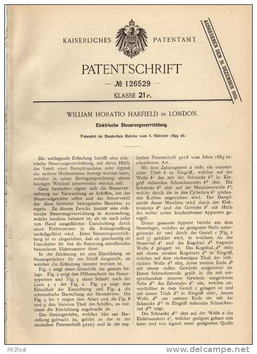 Original Patentschrift - W.H. Harfield In London , 1899 ,  Elektrische Steuerungsvorrichtung !!! - Tools