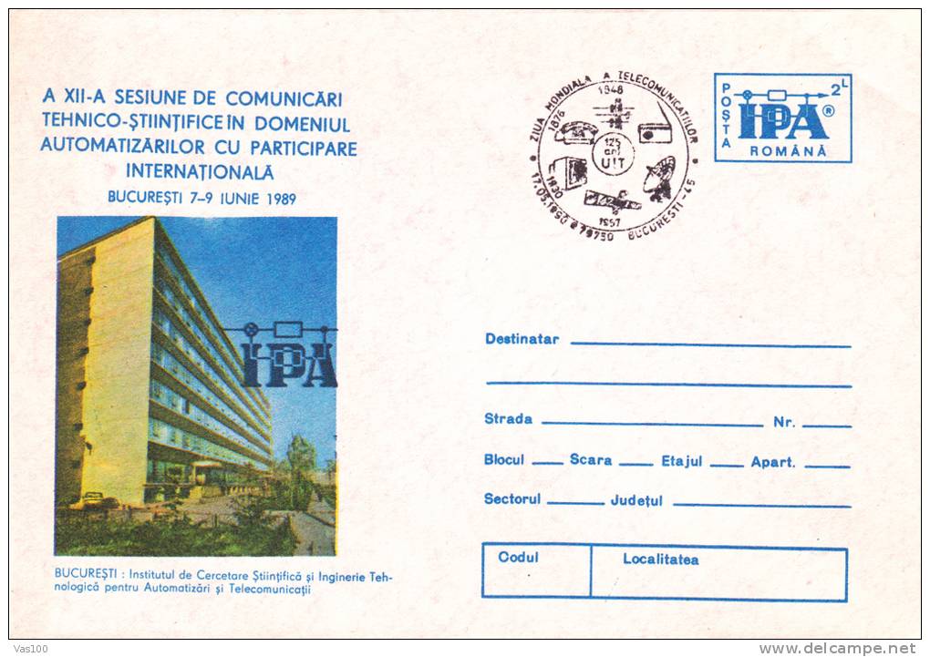 AUTOMATION AND TELECOM INSTITUTE, 1989, COVER STATIONERY, ENTIER POSTAL, OBLITERATION CONCORDANTE, ROMANIA - Informatique