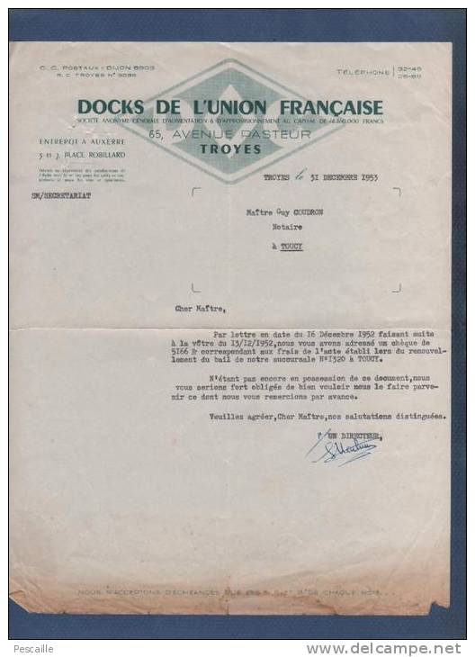 FACTURE DOCKS DE L'UNION FRANCAISE TROYES 1953 - SOCIETE ANONYME GENERALE D'ALIMENTATION & D'APPROVISIONNEMENT - AUXERRE - Alimentaire