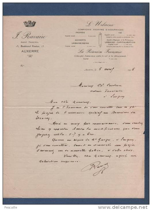 LETTRE J. RAVAIRE AUXERRE - L'URBAINE - COMPAGNIE GENERALE D'ASSURANCE - 1916 - Banco & Caja De Ahorros