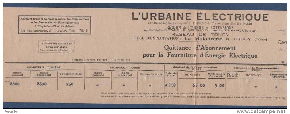 FACTURE L'URBAINE ELECTRIQUE - RESEAU DE TOUCY - LA MALADRERIE A TOUCY YONNE - 1938 - Elektriciteit En Gas