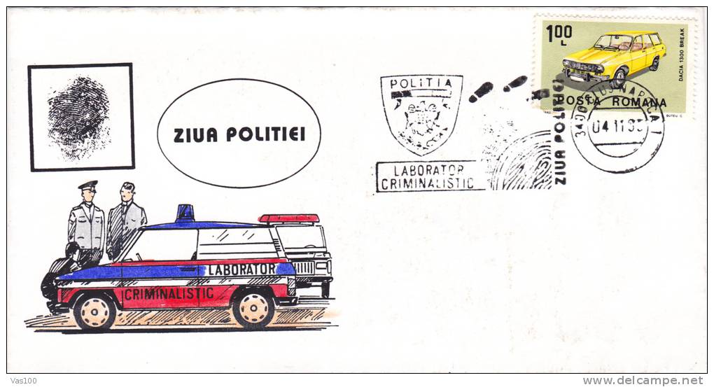 POLICE DAY, POLICE CARS, CRIMINAL LABORATORY, 1993, SPECIAL COVER, OBLITERATION CONCORDANTE, ROMANIA - Police - Gendarmerie