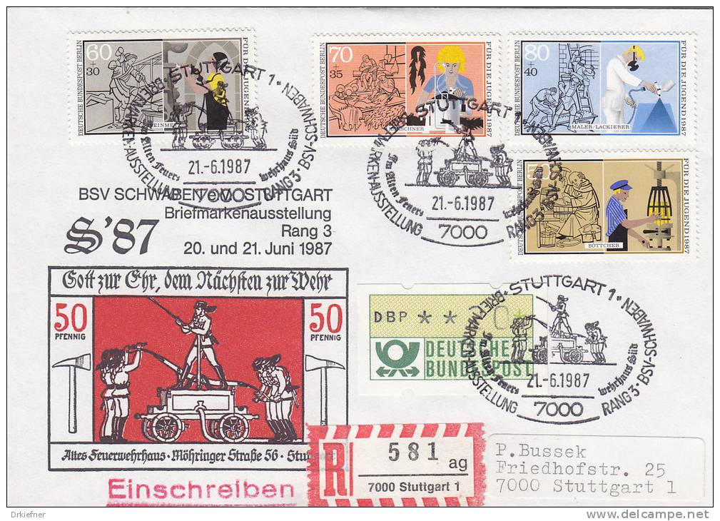 BERLIN 780-783 Satz Auf R-BRIEF MiF, Sonderstempel: Stuttgart Briefmarkenausstellung BSV Schwaben 1987 Feuerwehr - Briefe U. Dokumente