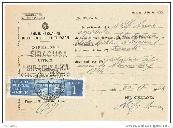 2234 1944 Luogotenenza Imposta Entrata £1 Isolato Ricevuta Modello 151 Siracusa Raro. - Steuermarken