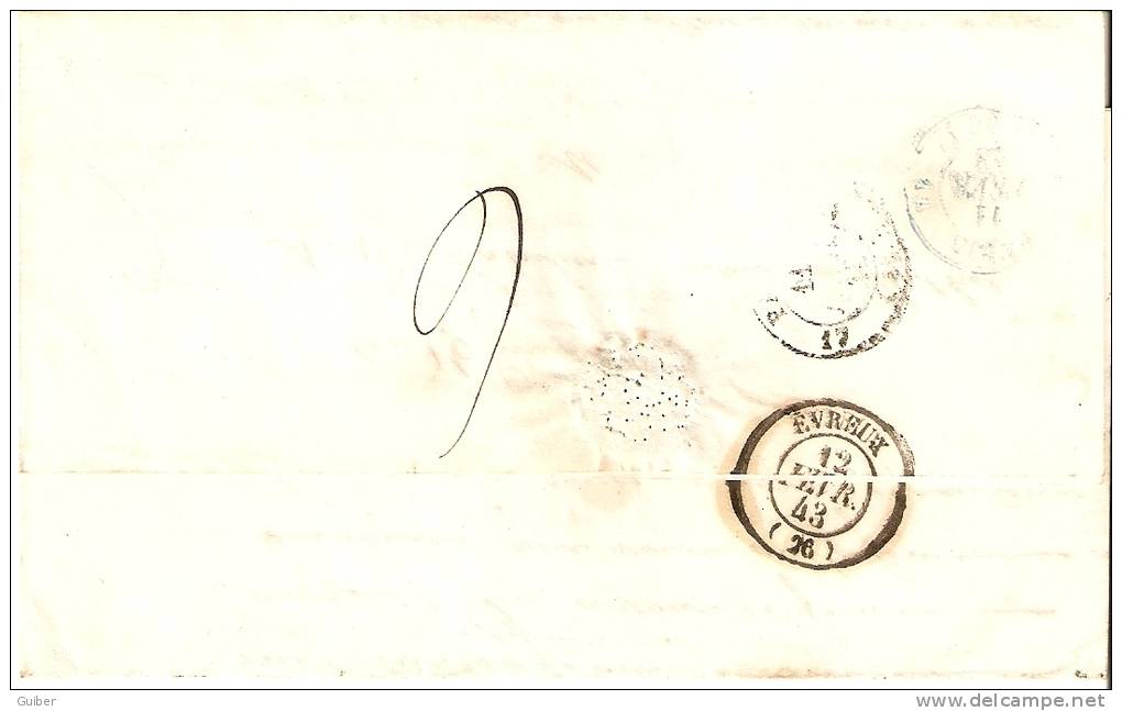 LAC De Rethel 08 Vers Evreux Cachet 12 (7) Manuscrit Notaire Lambert  Port Payé En Rouge 1843 Port 6 - 1801-1848: Precursores XIX