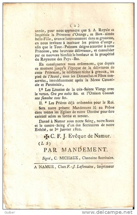 Mandement De Monseigneur L´éveque De Namur (imprimé) 1-1-1822 Impr.lafontaine 1822 - Documents Historiques