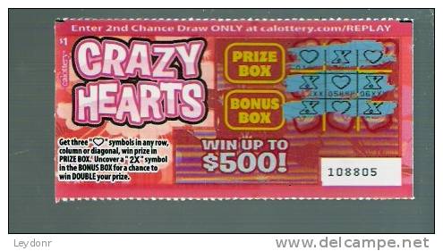 Crazy Hearts - California Lottery - Scratch Ticket - Biglietti Della Lotteria