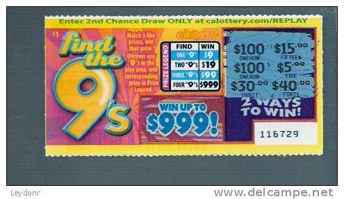 Find The 9's - California Lottery - Scratch Ticket - Lottery Tickets