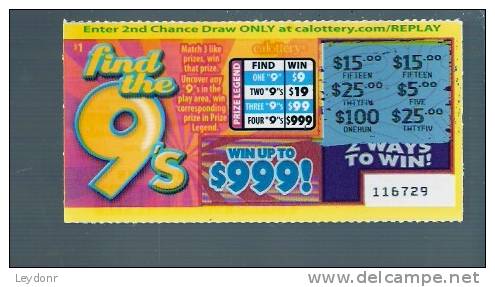 Find The 9's - California Lottery - Scratch Ticket - Loterijbiljetten