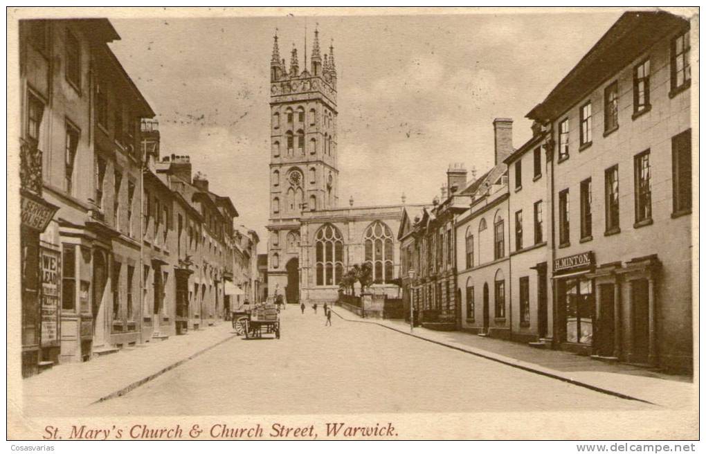 WARWICK , St. Mary´s Church & Church Street - OLD ENGLISH POSTCARD - CIRCULATED 1929 -Harvey Barton & Son Ltd. - Warwick