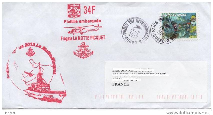 34F FLOTILLE EMBARQUEE FREGATE LA MOTTE PICQUET OBLITERATION PARIS TRI INTERARMEES B 00480 - Elicotteri