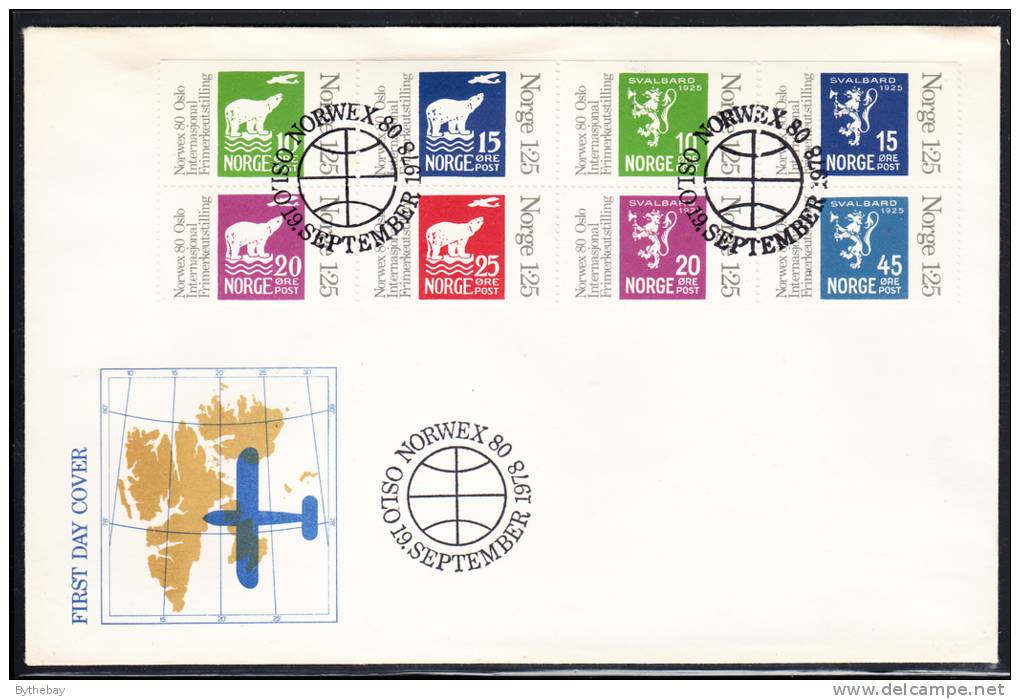 Norway FDC Scott #733 Booklet Pane Of 8 NORWEX '80 Philatelic Exhibition - FDC