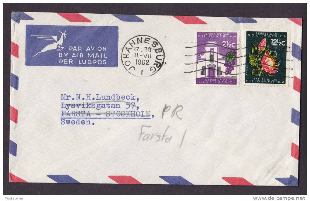 South Africa A. QUINDING & SON Airmail Par Avion Lugpos JOHANNESBURG 1962 Cover FARSTA Sweden - Luftpost