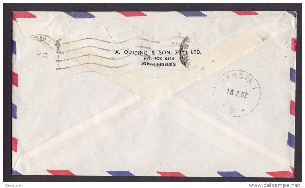 South Africa A. QUINDING & SON Airmail Par Avion Lugpos JOHANNESBURG 1962 Cover FARSTA Sweden - Posta Aerea