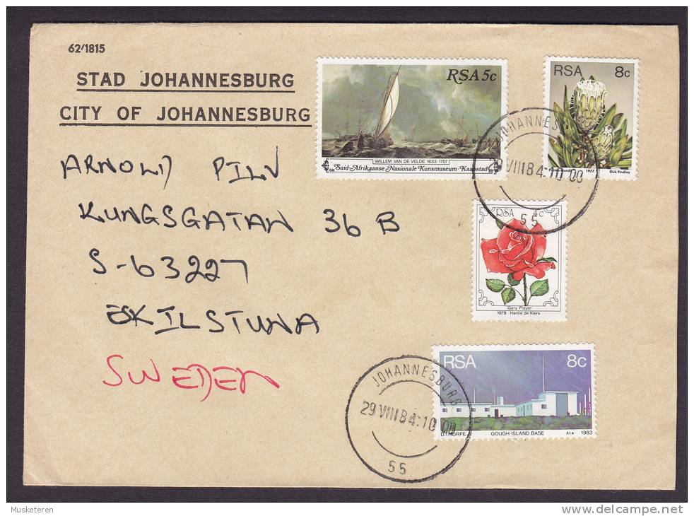 South Africa CITY Of STAD JOHANNESBURG 1984 Mult Franked Beauty Cover ESKILSTUNA Sweden VRIENDSKAPSEËL Label (2 Scans) - Lettres & Documents