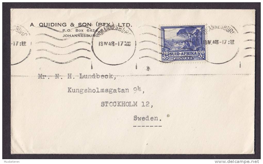 South Africa A. QUINDING & SON, JOHANNESBURG 1948 Cover STOCKHOLM Sweden - Covers & Documents