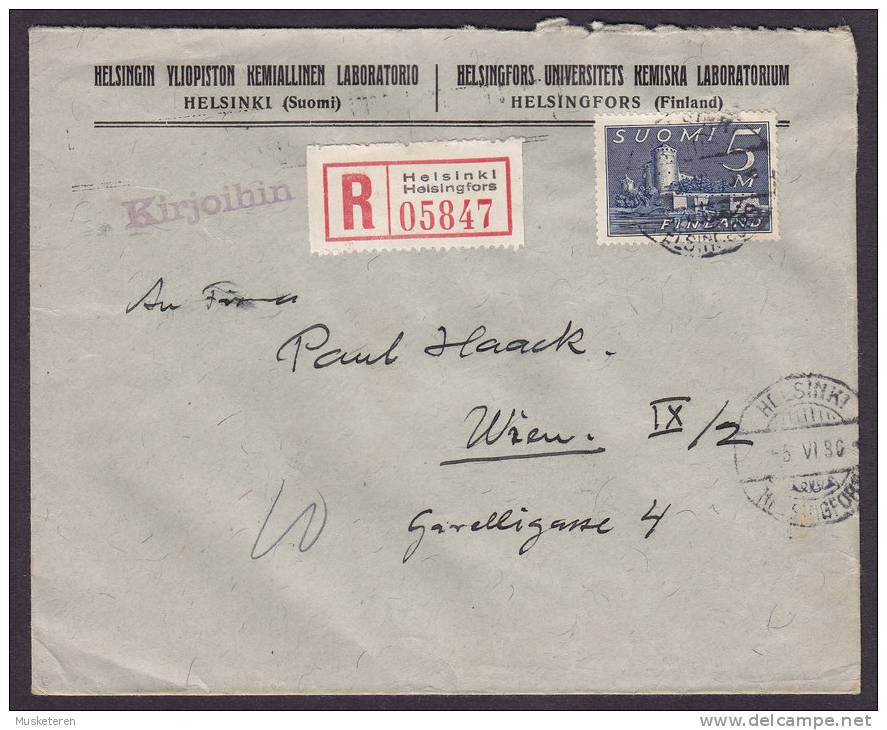 Finland UNIVERSITETS KEMISKA LABORATORIUM Registered Recommandée Einschreiben Label HELSINKI 1939 Cover WIEN "Kirjoihin" - Brieven En Documenten