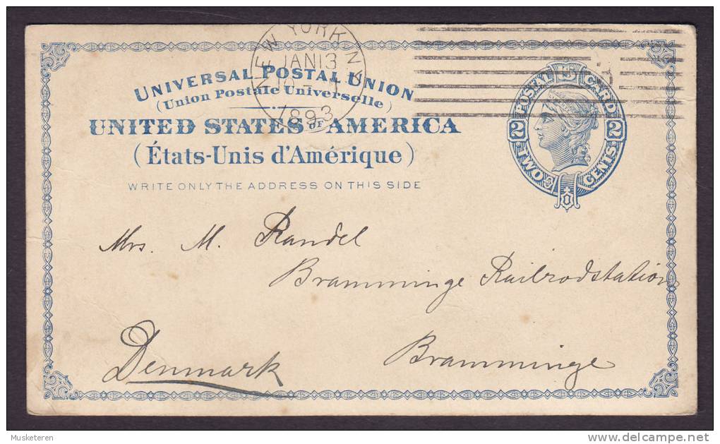 United States Postal Stationery Ganzsache Entier 2 C. NEW YORK 1893 To BRAMMINGE Denmark (2 Scans) - ...-1900