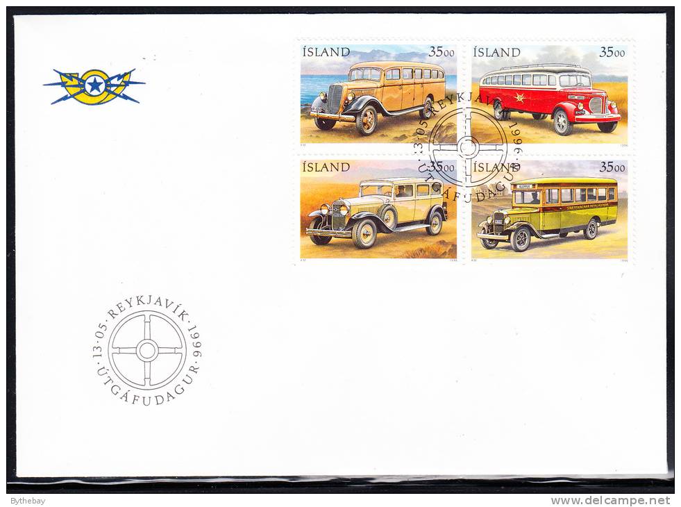 Iceland FDC Scott #823a Block Of 4 Postal Vehicles - FDC