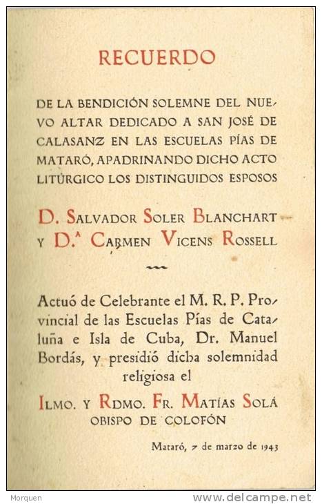 Recuerdo Altar Jose De Calasanz. MATARÓ (Barcelona) 1943 - Documenti Storici