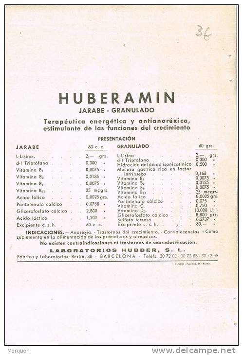 Tarjeta Publicidad HUBERAMIN, Farmacia Y Medicina. BARCELONA - Publicidad