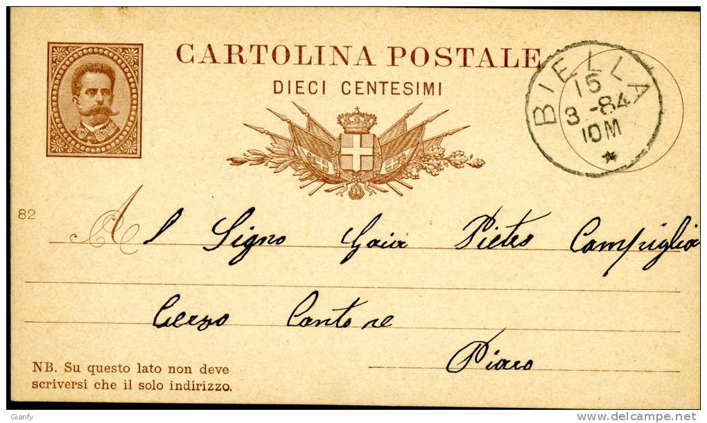 INTERO REGNO UMBERTO I 10 C. SX VG 1884 BIELLA - Stamped Stationery