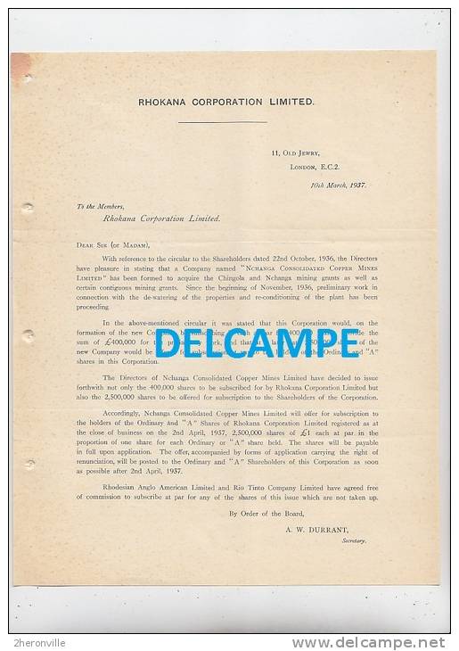 - RHOKANA Corporation Limited à LONDON - Mines De ZAMBIE - 1937 - Nchanga Consolidated Copper Mines - - Verenigde Staten