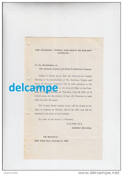 - The ATCHISON , TOPEKA & SANTA FE Railway Company - Chemin De Fer Américain - KANSAS - 1937 - Broadway New York - Estados Unidos