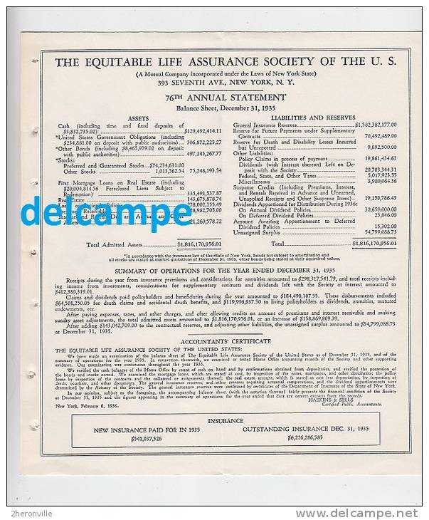 - The EQUITABLE LIFE ASSURANCE SOCIETY Of THE UNITED STATES - New York - Annual Statement - 1935 - USA