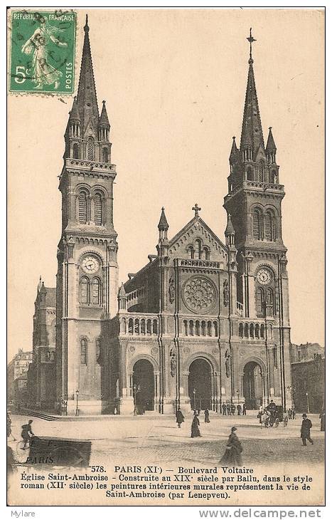 Cpa Paris Bd Voltaire église St Amboise - Arrondissement: 11