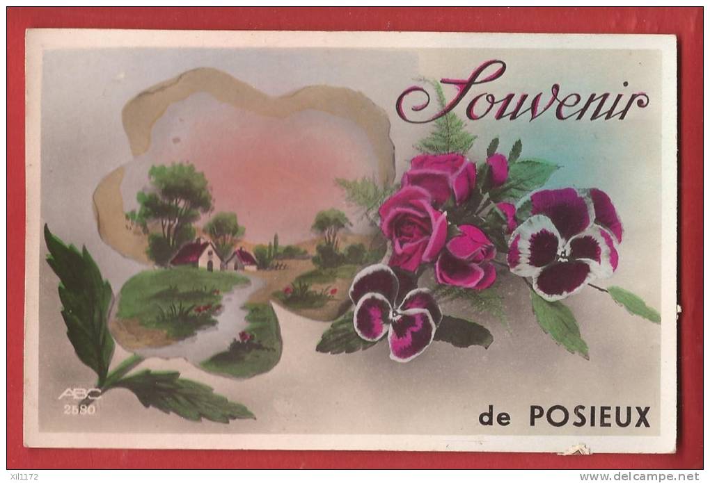 X0472 Souvenir De Posieux ,Fantaisie,violettes Et Roses.Timbre Helvetia Avec Cheval Et Charrue 1941. - Posieux