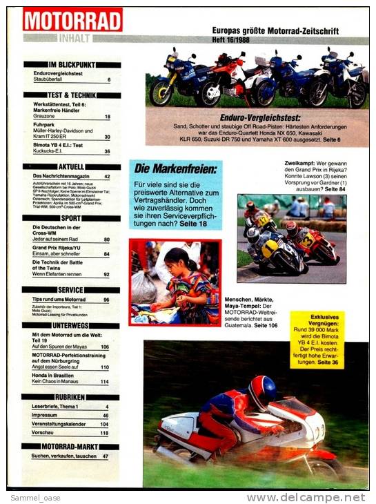 Motorrad Zeitschrift  7 / 1988 - Mit :  Das Teuerste Serienmotorrad :  Bimota YB 4 E.I. - Auto & Verkehr