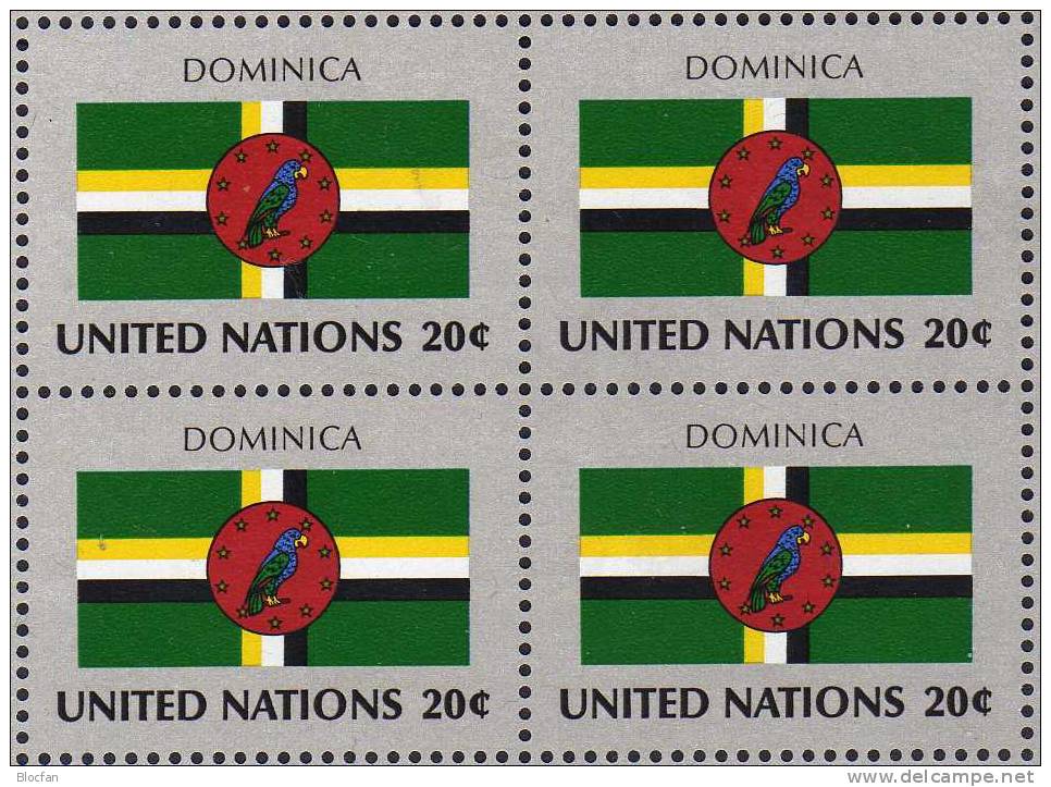 UNO Flagge Dominica 1982 New York 403, 4-Block Plus Kleinbogen ** 6€ Vereinte Nationen Sheetlet Of UN Flag Of Caribic - Dominique (1978-...)