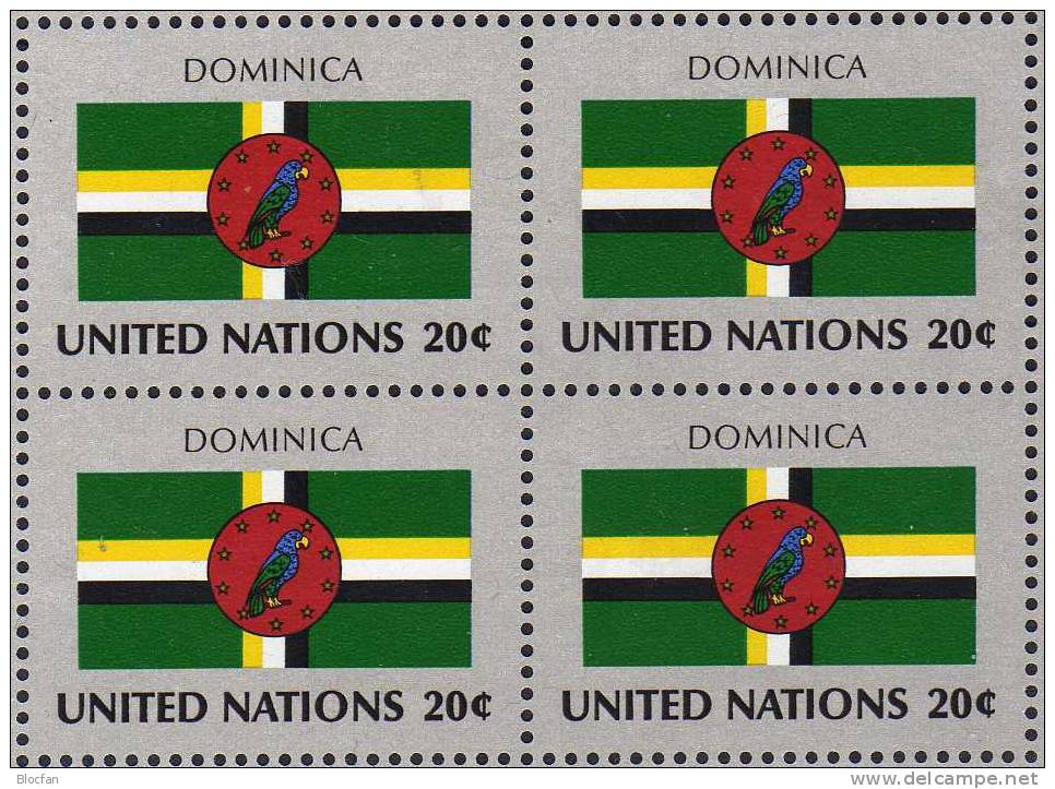 UNO Flagge Dominica 1982 New York 403, 4-Block Plus Kleinbogen ** 6€ Vereinte Nationen Sheetlet Of UN Flag Of Caribic - Dominica (1978-...)