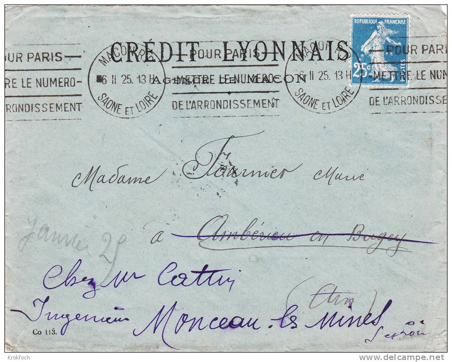 Semeuse Perforée CL à L'enver Sur Lettre Crédit Lyonnais Macon 1925 - Autres & Non Classés