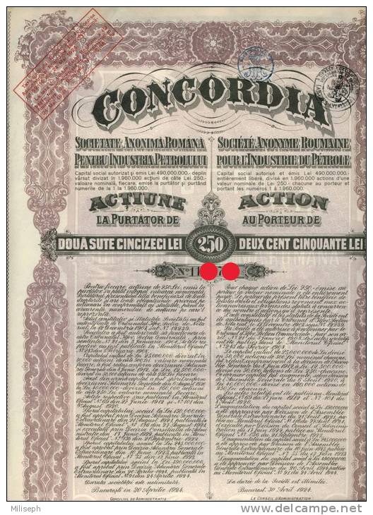 ACTION Au Porteur - CONCORDIA - Société Anonyme Roumaine Pour L'Industrie Du Pétrole -  250 LEI -    (1981) - Pétrole