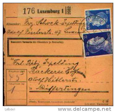 LUXEMBOURG 1 Vers DIFFERTINGEN: Etiquette Pour Envoi De Colis (27.09.1945) - 1940-1944 Occupation Allemande