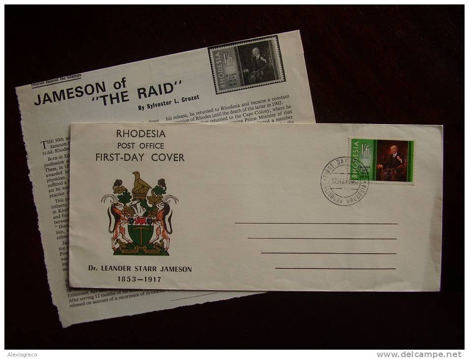 RHODESIA 1967 FAMOUS RHODESIANS (1st. Issue) SPECIAL Stamp 1/6d Dr.Jameson OFFICIAL FDC. - Rhodesien (1964-1980)
