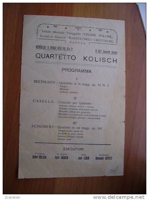 FOGLIETTO PUBBLICITARIO - SOC. DI CONCERTI BARTOLOMEO CRISTOFORI PADOVA 1938 - QUARTETTO KOLISCH  - - Pubblicitari