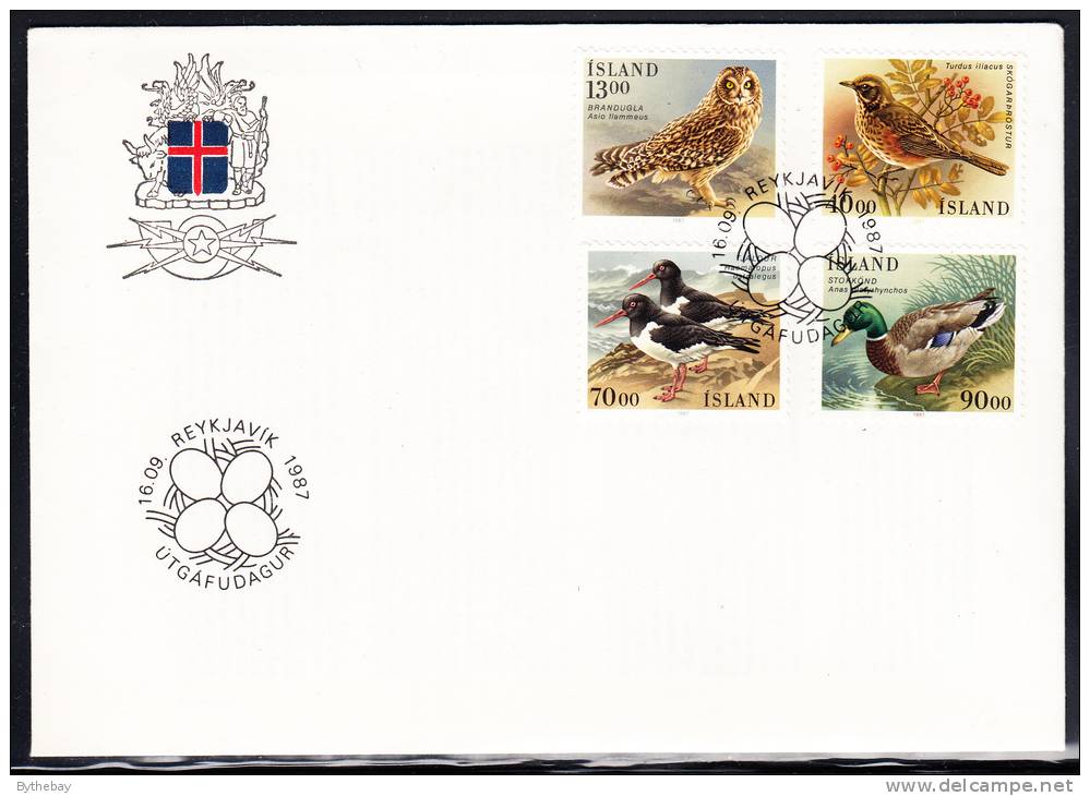 Iceland FDC Scott #642-645 Birds - Asio Flammeurs, Turdus Iliacus, Haematopus Ostralegus, Anas Platyrhychos - FDC