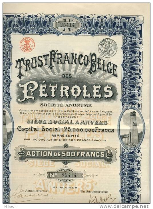 ACTION - Trust Franco Belges Des PETROLES -  500 Francs - S. Social Anvers    (1991) - Oil