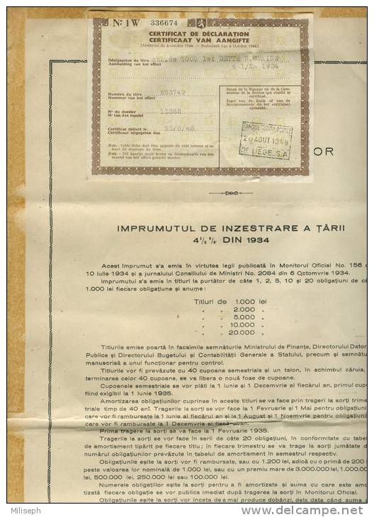 ACTION - Imprumutul De Inzestrare A Tarii -  4 1/2 % DIN 1934 - Titlu De Lei 1000 - ROMANIE - Roumanie    (1992) - Industrie