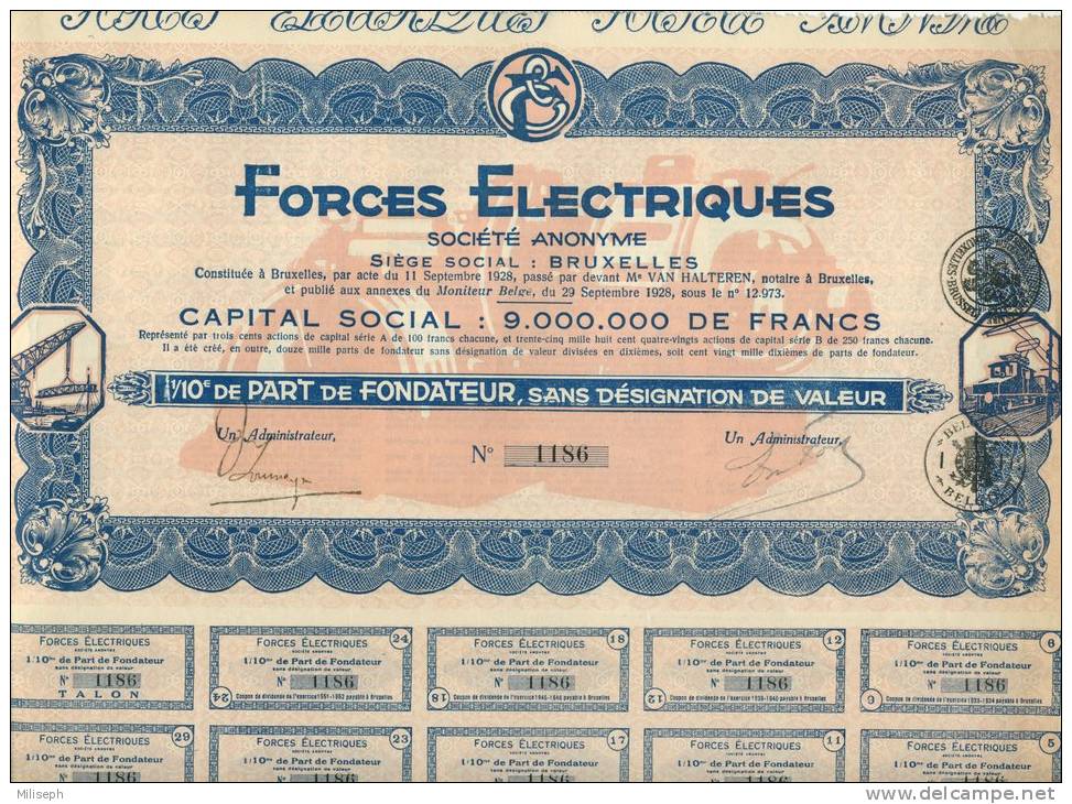 ACTION Part De Fondateur - FORCES ELECTRIQUES -S. Social Bruxelles -      (1996) - Electricidad & Gas