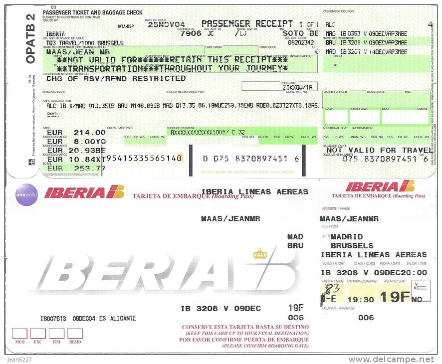 Ticket D´avion (passenger Receipt) Et Boarding Pass - Iberia - Madrid-Brussels - 09DEC04 - Tickets