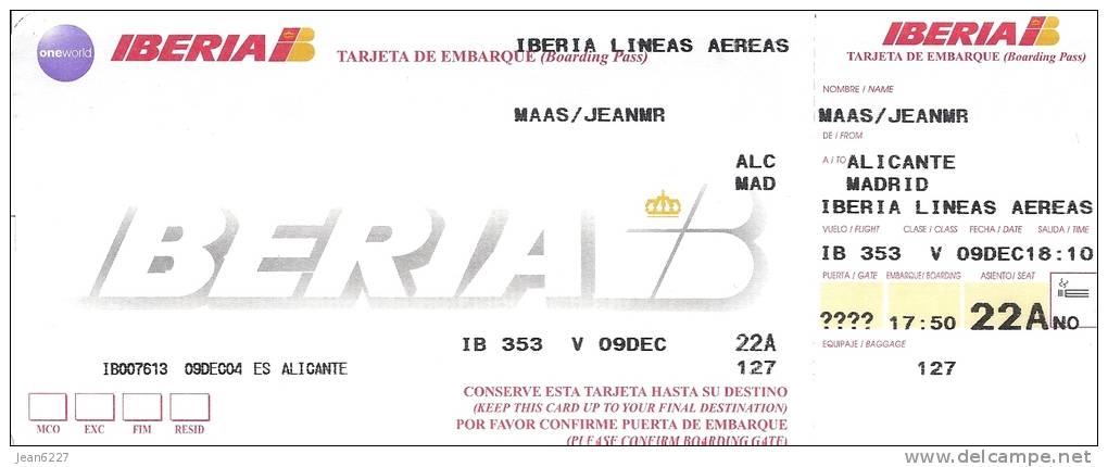 Boarding Pass - Iberia - IB 353 - Alicante-Madrid - 09DEC04 - Cartes D'embarquement