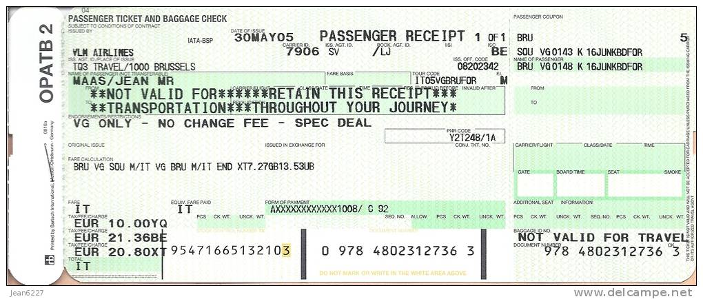 Ticket D´avion (passenger Receipt) - VLM Airlines - Brussels-Southampton - VG0143 - 16JUN05 - Tickets
