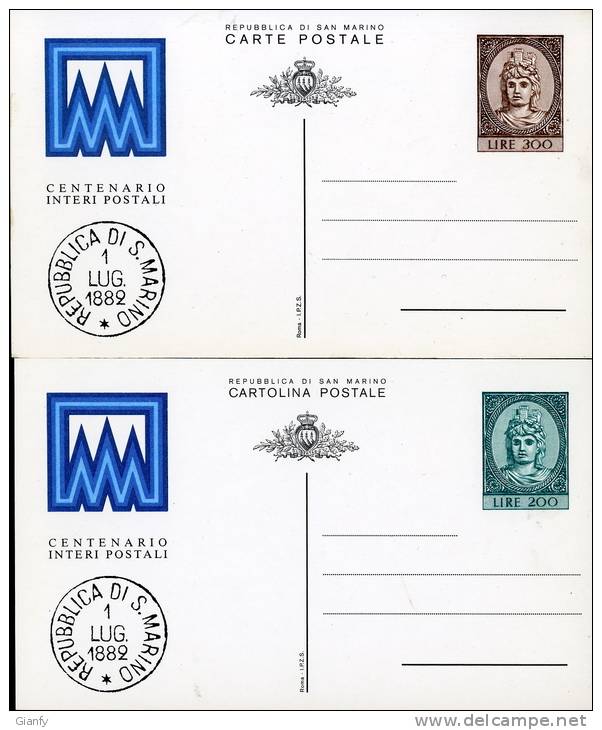 2 INTERI POSTALI SAN MARINO CENTENARIO FRANCOBOLLO LIBERTAS 1982 200 E 300 LIRE - Entiers Postaux